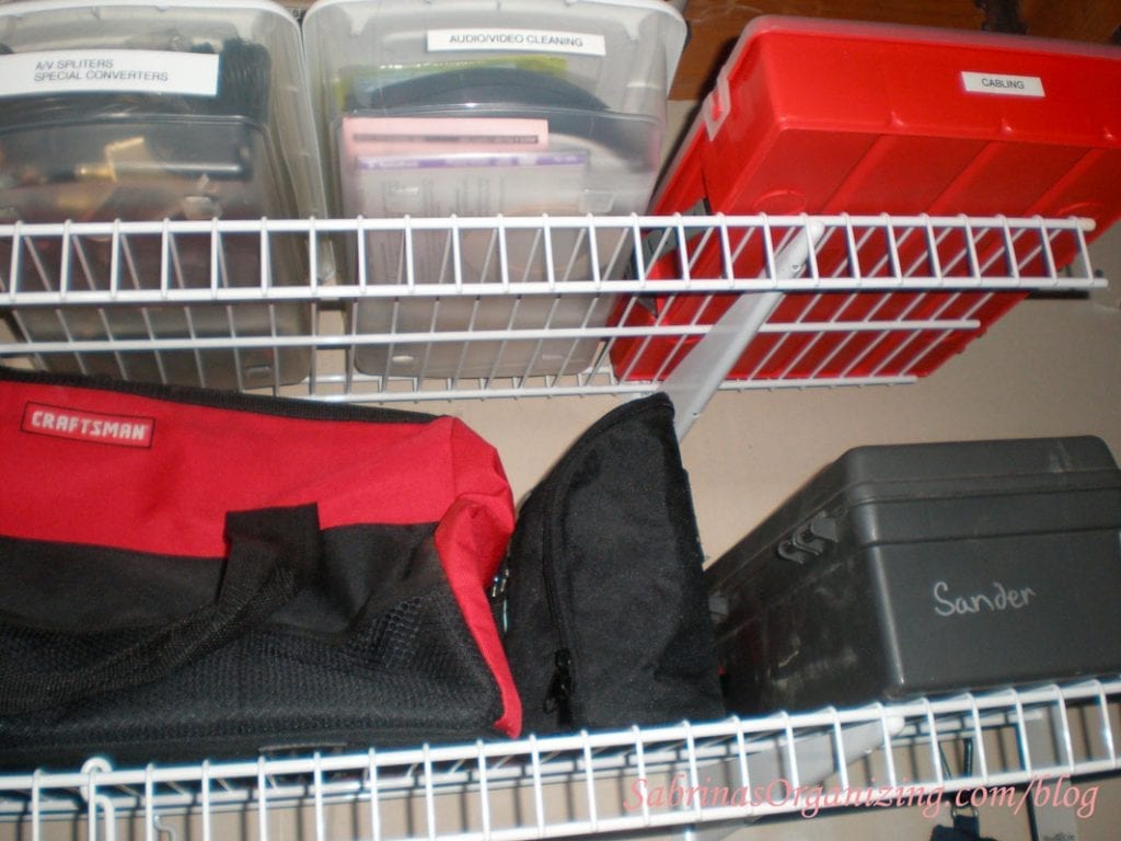 shelving with labeled bins and bags
