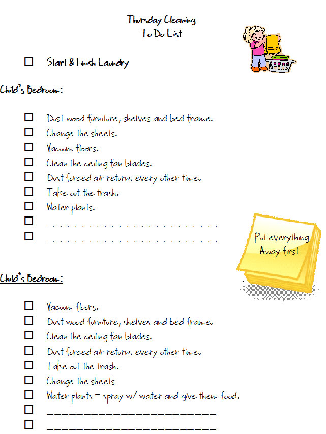 Thursday Cleaning checklist
