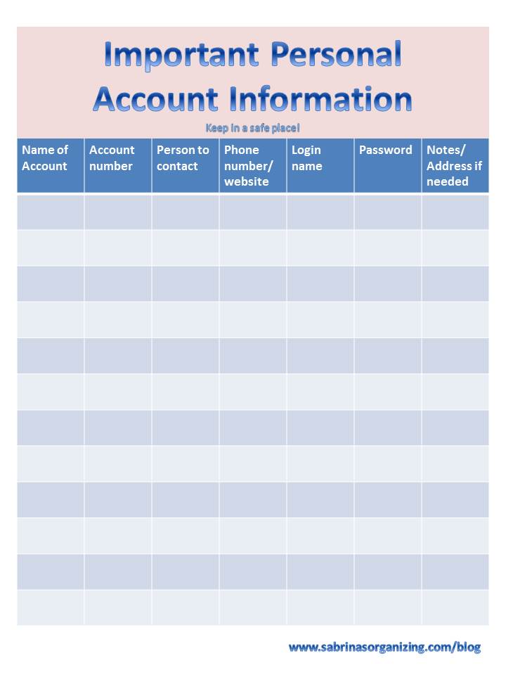 Important personal account information Spreadsheet: Print and store in a safe(fireproof) place.