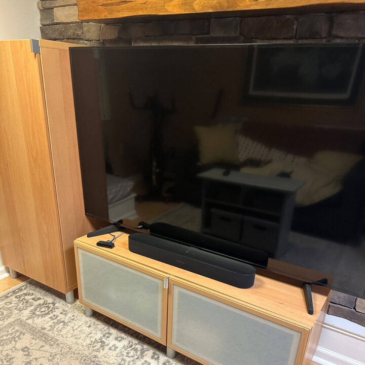 cabinet with large tv on it