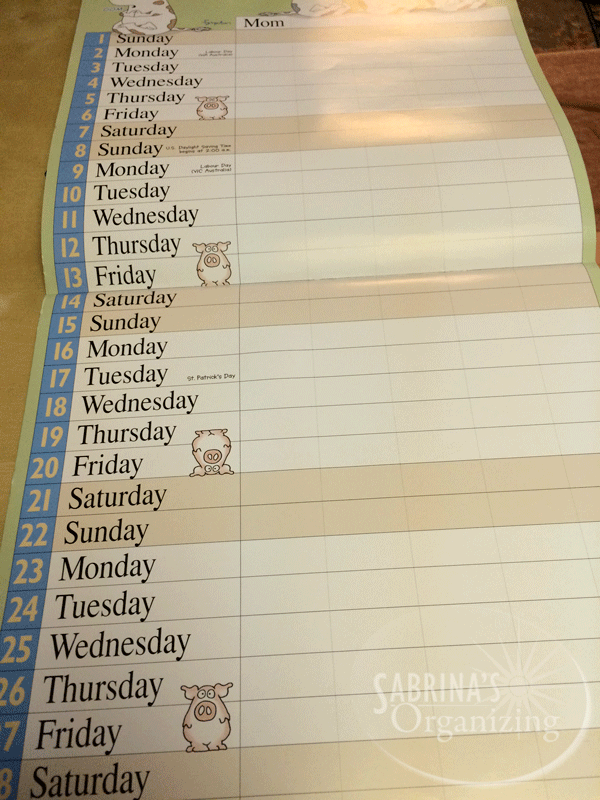 family monthly calendar with dates to left