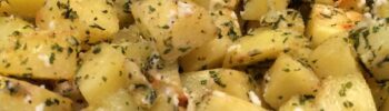 roasted potatoes with title at the top right corner - square image