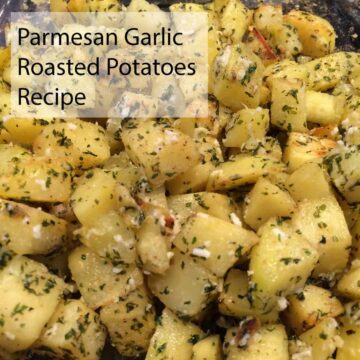 roasted potatoes with title at the top right corner - square image