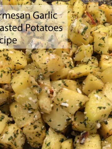 roasted potatoes with title at the top right corner - square image