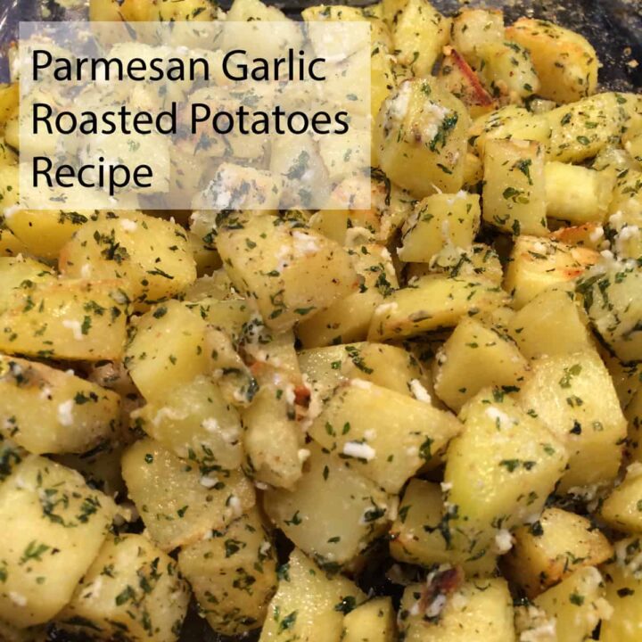 roasted potatoes with title at the top right corner - square image