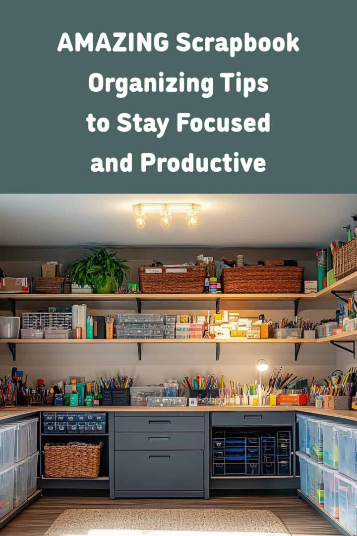 The pinterest size image has a title at the top center and a photo of a craft room at the bottom 