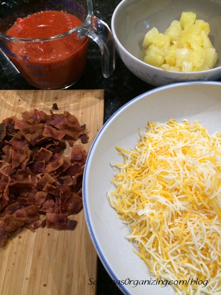 ingredients for pineapple bacon spinach pizza