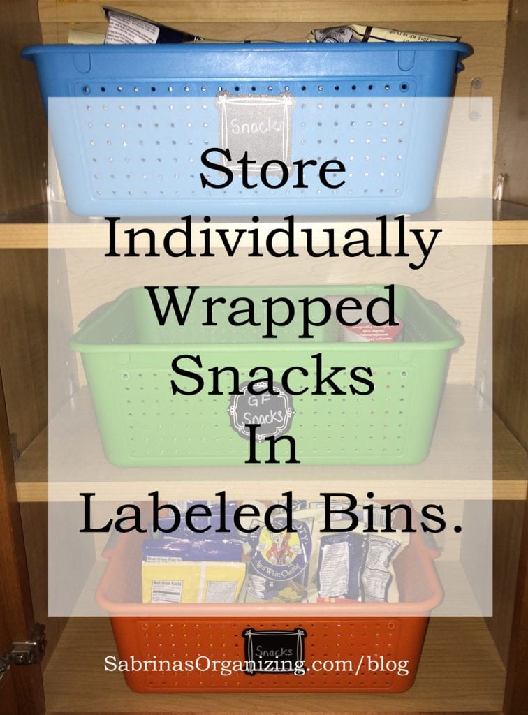 Store individually wrapped snacks in labeled bins.