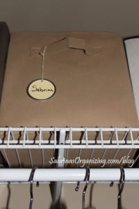 catch all bin in closet for gloves and hats | Sabrina's Organizing