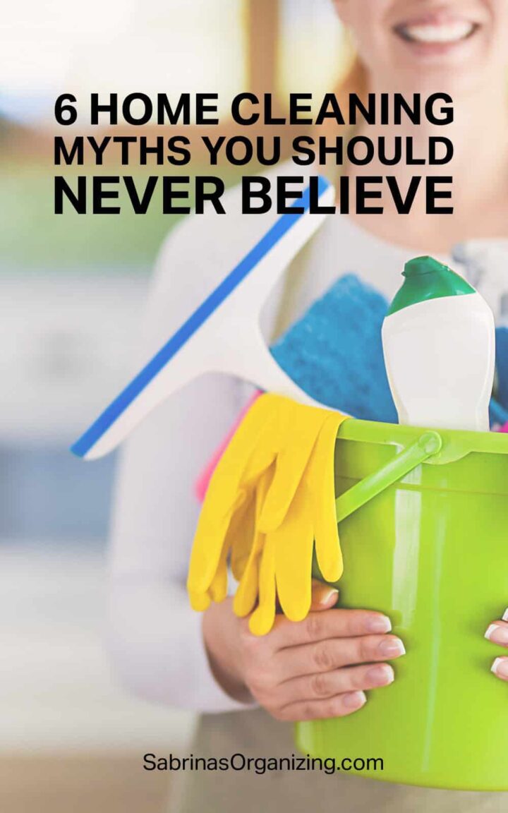 A women holding a bucket with cleaning supplies in it and the title at the top center. Pinterest sized image