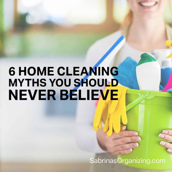 A women holding a bucket with cleaning supplies in it and the title at the top center. Square sized image