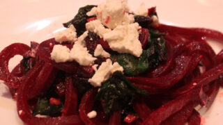 Spiralized Beet Noodles With Goat Cheese And Walnuts