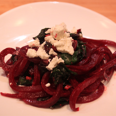 Spiralized Beet Noodles With Goat Cheese And Walnuts