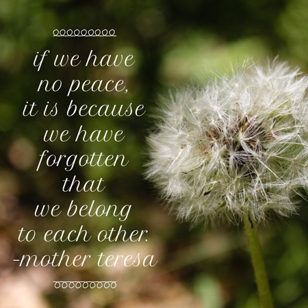 If we have no peace, it is because we have forgotten that we belong to each other.- Mother Teresa