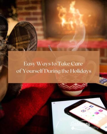 Easy Ways to Take Care of Yourself During the Holidays Featured image - with a fireplace scene and a hot cocoa mug