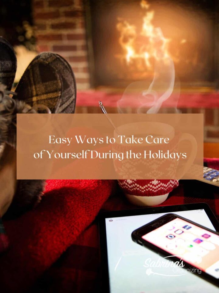 Easy Ways to Take Care of Yourself During the Holidays Featured image - with a fireplace scene and a hot cocoa mug