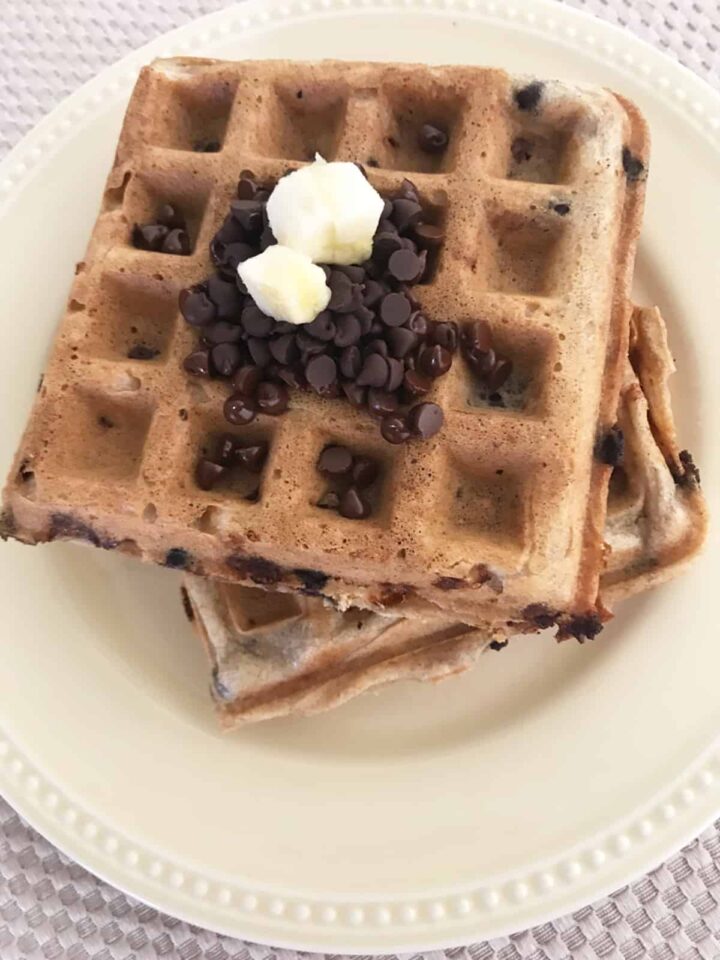 Gluten Free Banana Chocolate Chip Waffles Recipe featured image - waffles on a plate