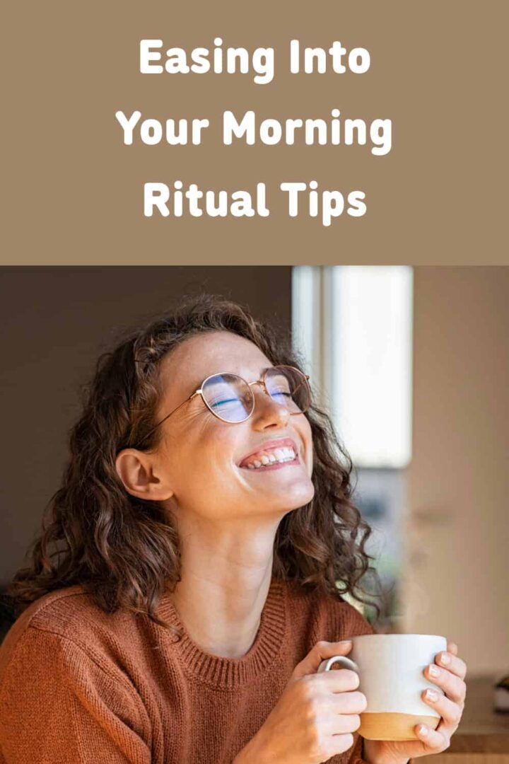 a woman with a cup of tea and smiling. title of post at the top center - pinterest size image