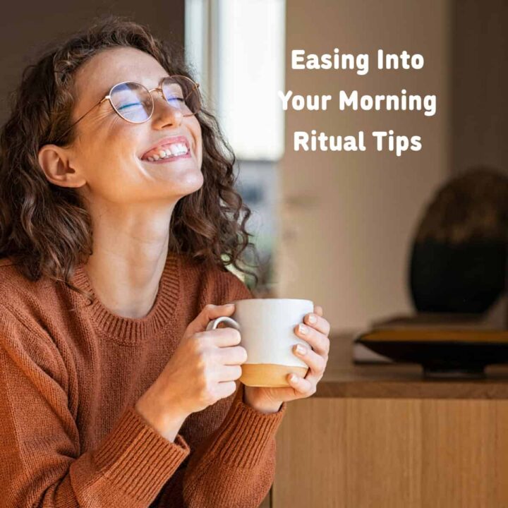 a woman with a cup of tea and smiling. title of post at the top center square image