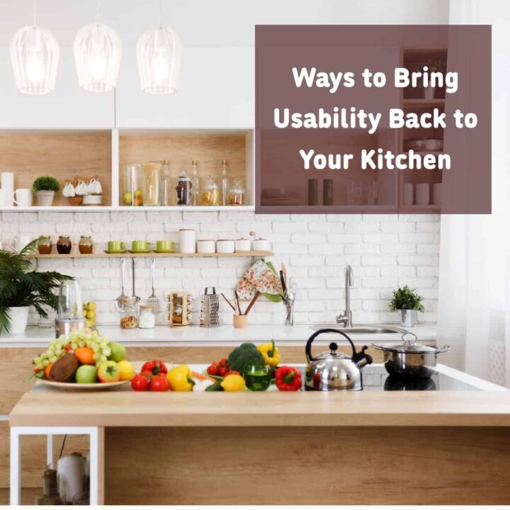 a kitchen with brown cabinets and food on the counter with the title overlay at the top right corner of square image
