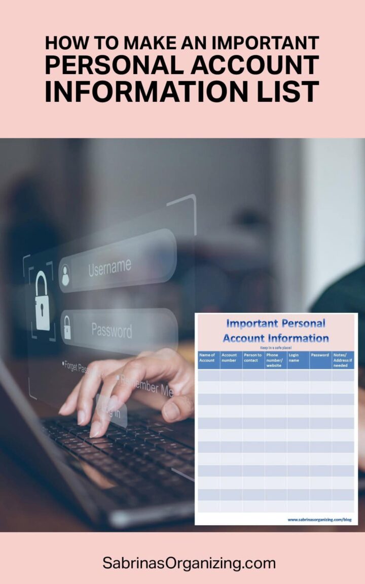 A person's hands on the keyboard, the title at the top center - sabrina's organizing created spreadsheet form at the bottom right