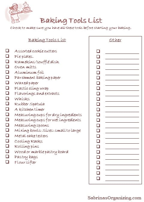 Printable Baking Tools List