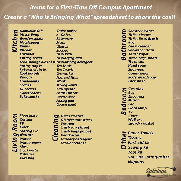 Items for a first-time off campus apartment 