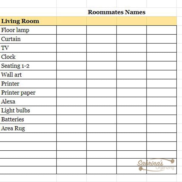 Living Room Shared Items "Who is Bringing What" shared spreadsheet