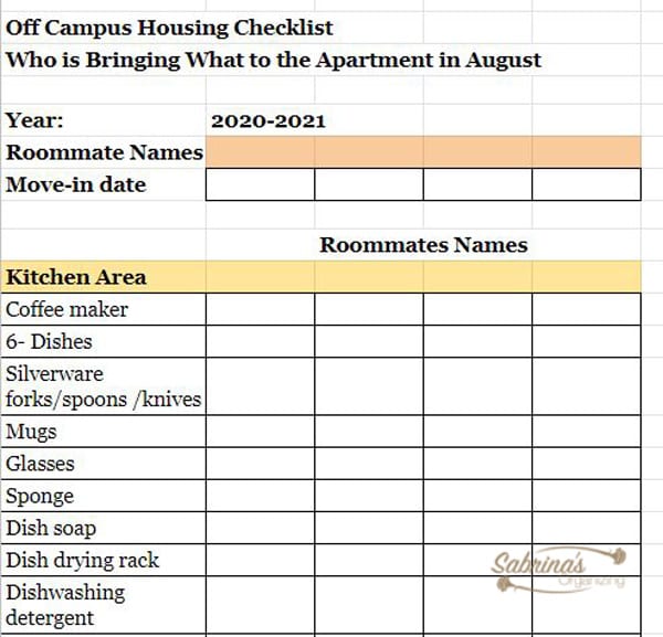Kitchen items to share with roommates on "Who is Bringing What" shared spreadsheet