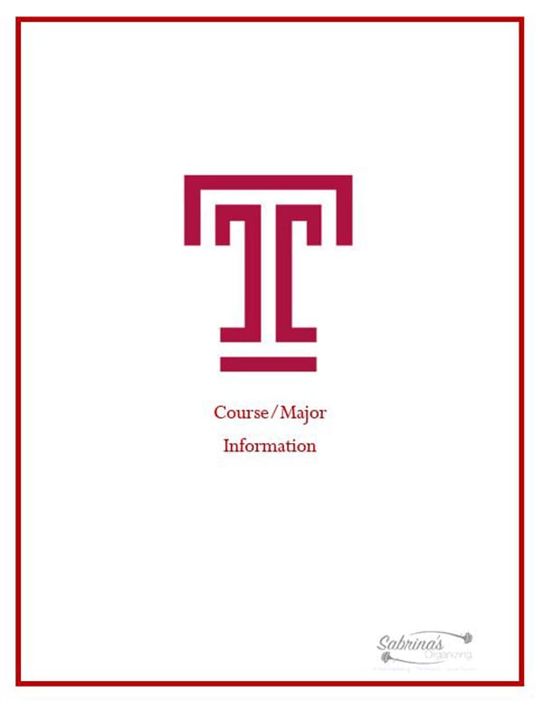 Temple University Course and Major Information tab for the Freshman Year Reference Binder