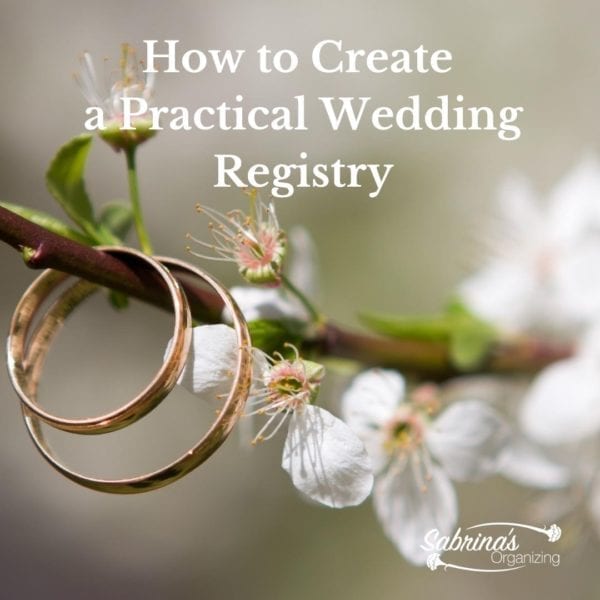 How to Create a Practical Wedding Registry square image with a branch and rings on it. 