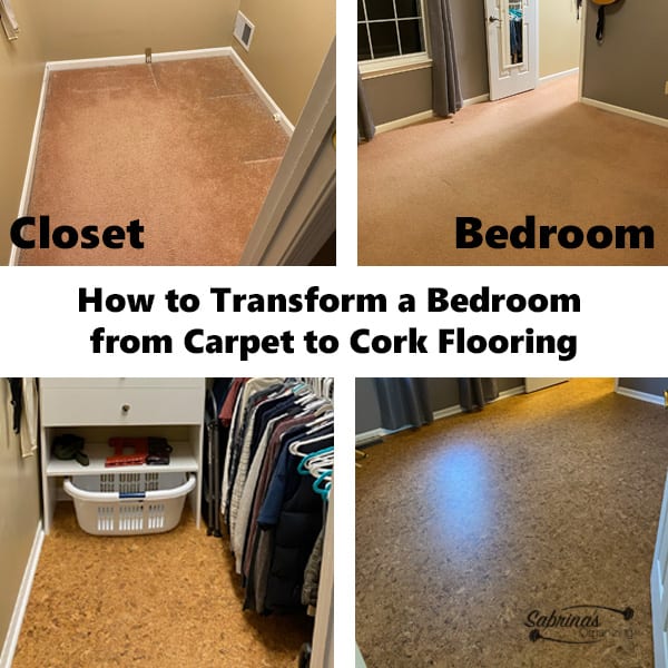 How to Transform a Bedroom from Carpet to Cork Flooring square image shows before and after photos