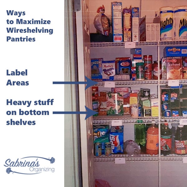 Use labels for shelf area so people know where to put things. Heavy stuff should be placed on the bottom shelves.