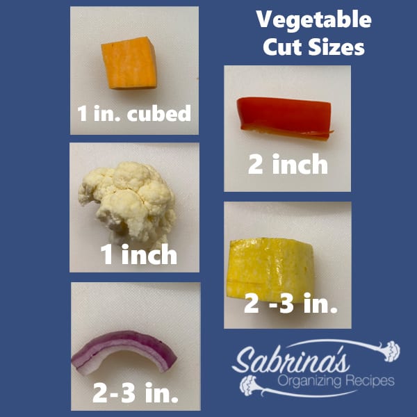 Vegetable cut sizes for this sheet dinner recipe 1 inch yam, 1 inch cauliflower, 2-3 inch red onion, 2 inch red pepper, 2-3 inch yellow squash