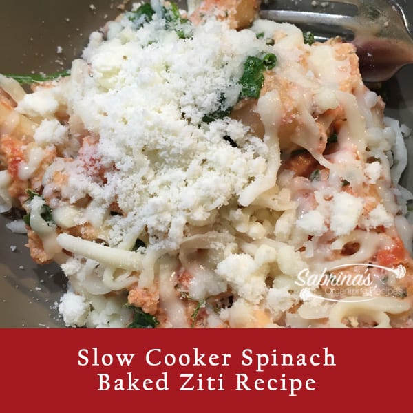 Slow cooker spinach baked ziti recipe square image