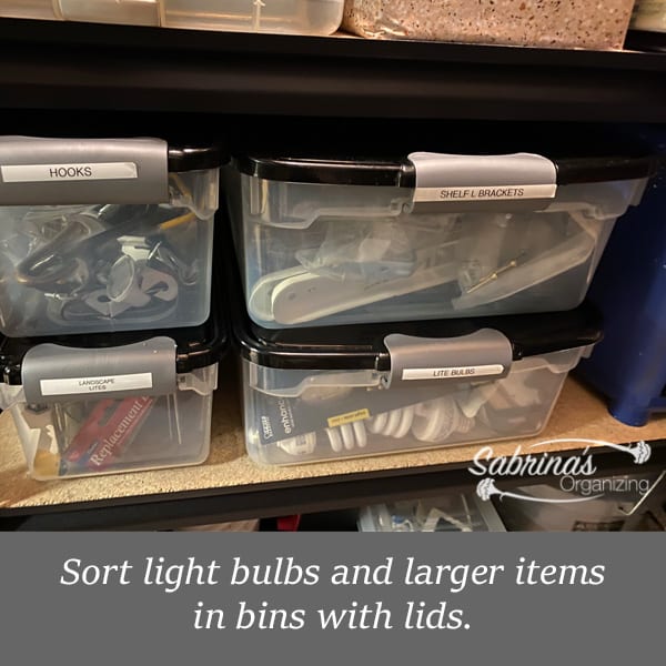 sort light bulbs and larger items in bins with lids