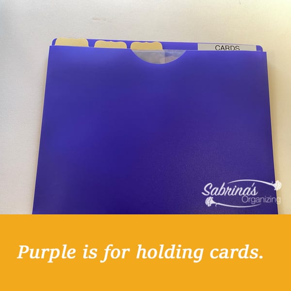 Purple folder is for holding cards
