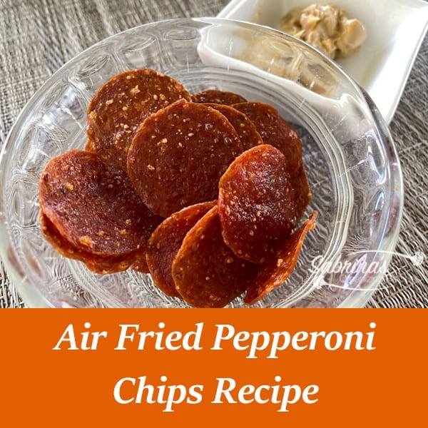 Air fried pepperoni chips recipes - square image with dip