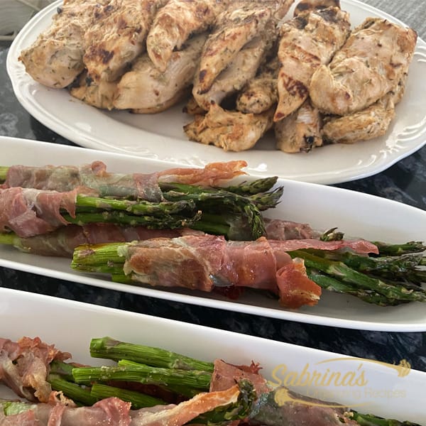 Grilled Dijon Chicken Breast and grilled wrapped asparagus