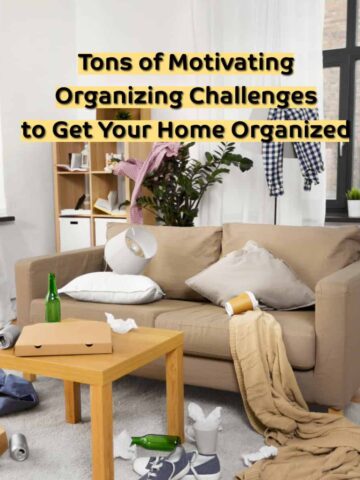 messing sofa and living room and the title of the post overlay at the top center - square image
