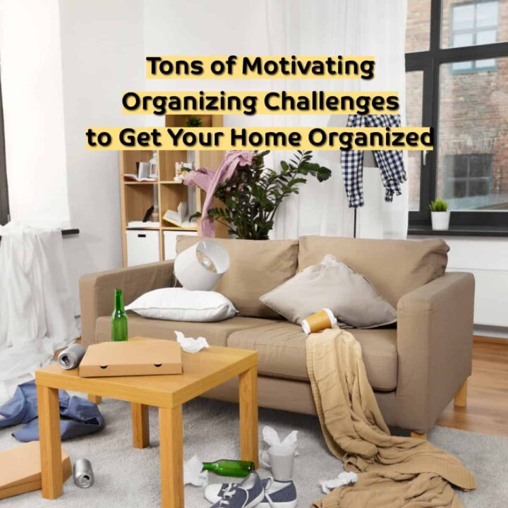 messing sofa and living room and the title of the post overlay at the top center - square image