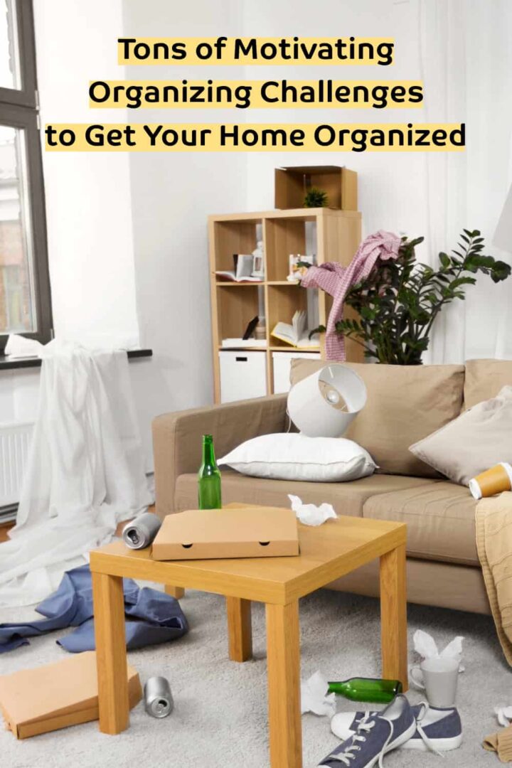 messing sofa and living room and the title of the post overlay at the top center - pinterest image