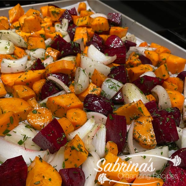 Roasted vegetables on a sheet pan
