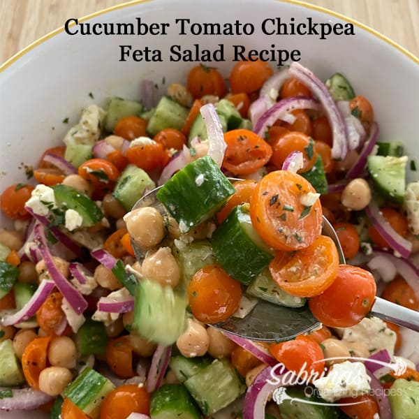 Cucumber Tomato Chickpea Feta Salad Recipe - square image
