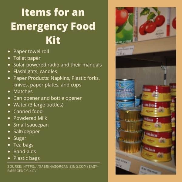 Items for an emergency food kit