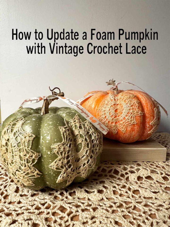 Pinterest image - with title at the top center - finished green and orange pumpkins over a piece of crochet lace placemat