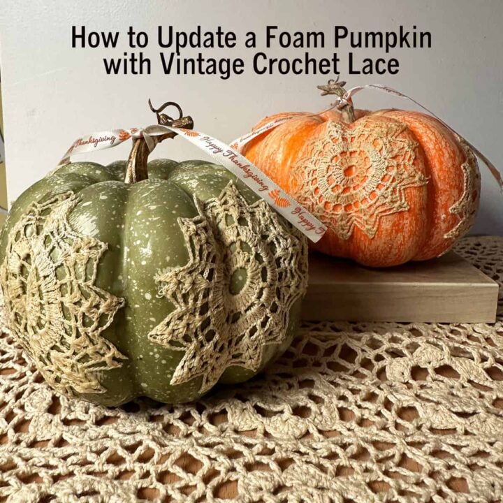 Square image - with title at the top center - finished green and orange pumpkins over a piece of crochet lace placemat