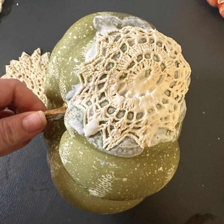 Green foam pumpkin and foam brush adding mod posh to the pumpkin and adding lace - square image