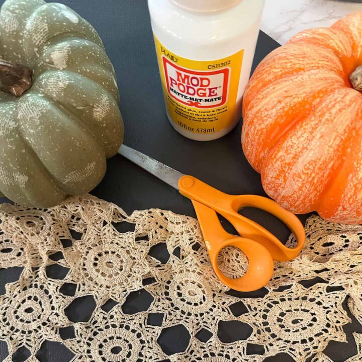 Scissors, crochet lace, orange foam pumpkin and green foam pumpkin, and Mod podge bottle square image