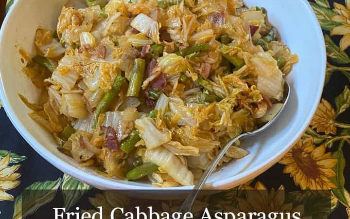 Fried Cabbage Asparagus and Bacon Recipe in a bowl square image